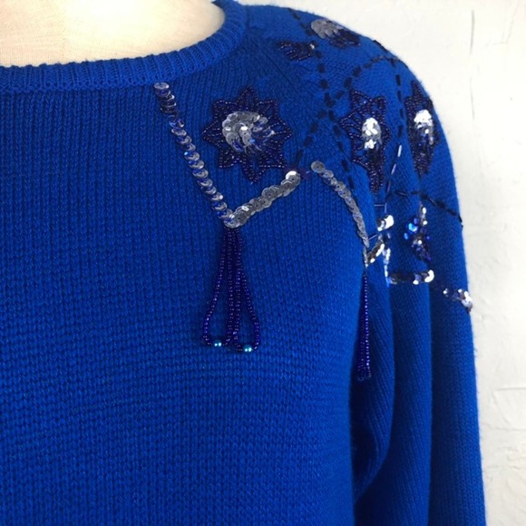 Vintage 80s Cobalt Blue Beaded Sweater Dress Maxi XS Small M western glam - Picture 4 of 10